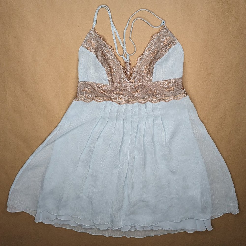 Baby Blue Light Flowy Pleated Brown Lace Detail Sexy Sheer Lingerie (XS) VS